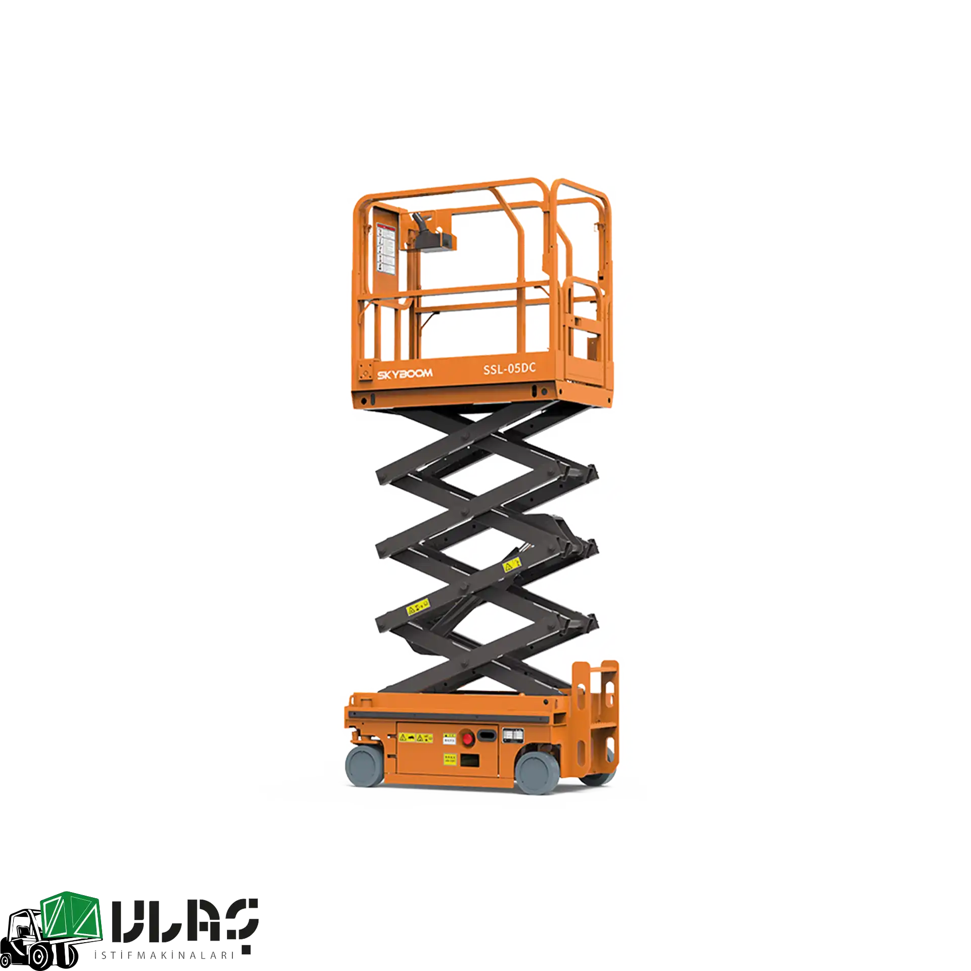 6 metre çalışma yüksekliğine sahip akülü makaslı platform — iç mekân kullanıma uygun, kompakt gövde tasarımı, geniş çalışma alanı ve uzatılabilir güverte detaylarıyla öne çıkan profesyonel yükseltici platform görseli.